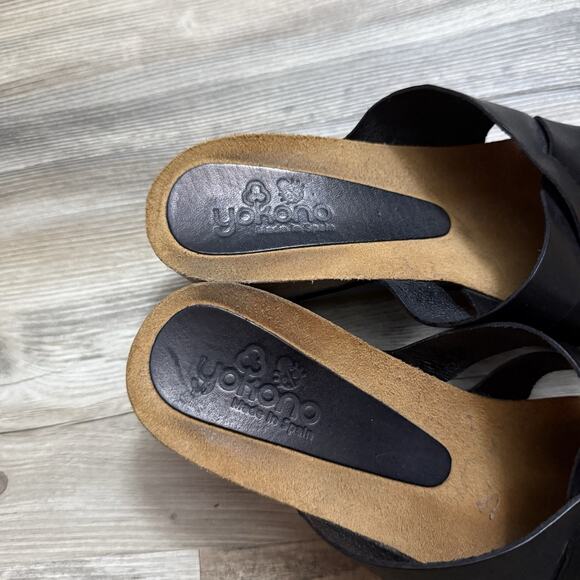 Yokono Black Leather Cross Strap Wedge Sandals Women’s Size 8 Spain - Picture 2 of 6